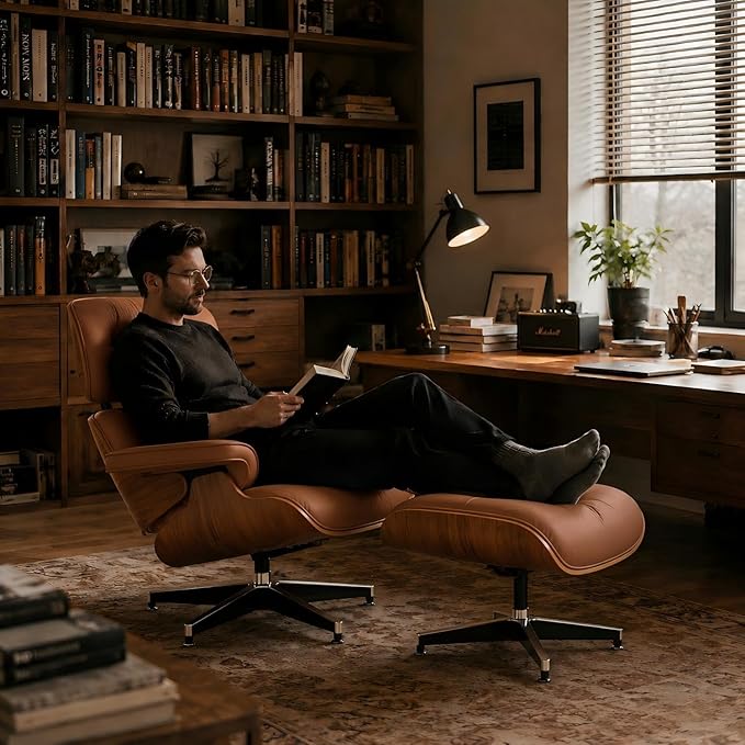 Top Grain Leather,Mid Century Chaise Lounge Chair and Ottoman, Reading Chair, Leather Accent Chair, Modern Chair, Classic Design, Heavy Duty Base Support for Living Room Lounge Office