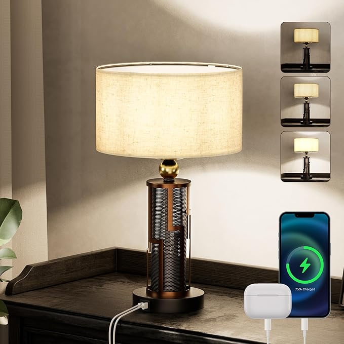 V07-2 21.65" Farmhouse Table Lamp, Rustic Bedside Nightstand Light with USB A+C Charging Ports for Nightstand Bedroom Study Living Room, 3-Way Dimmable Desk Lamp