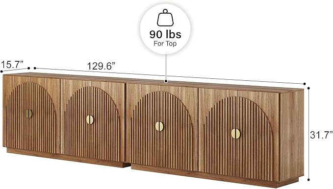 BELLEZE Set of 2 Fluted Buffet Cabinet with Storage, 65 Inch Symmetrical Arc Accent Sideboard Large Console Table for Dining Room, Kitchen, and Living Room (Caramel Brown)