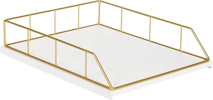 Kate and Laurel Benbrook Stacked Metal and Wood Letter Trays, White and Gold