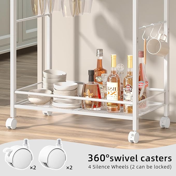Bar Cart, Home Bar Serving Cart with 2-Tier Shelf,Rolling Beverage Cart with Wheels,Mobile Kitchen Shelf,Modern Wine Drink Cart with Wine Rack and Glass Holder for Kitchen,Dinning Room,White