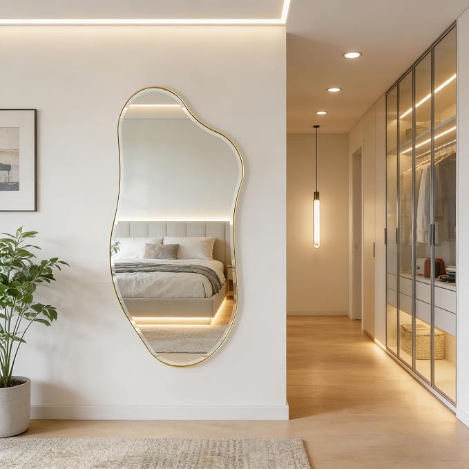 POZINO Irregular Beveled Mirror, 53"x26.5" Modern Organic Shaped Mirror with Metal Frame, Gold Asymmetrical Aesthetic Wall Mirrors for Bathroom Living Room Bedroom Entryway, Horizontal/Vertical