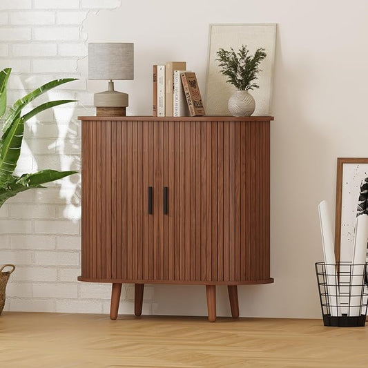 31.5" Fluted Sideboard Buffet Cabinet with Tambour Storage Oval Curved Accent Console Table for Dining Room Kitchen Living Room (Walnut)