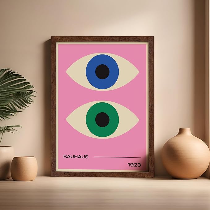 Poster Master Bauhaus Poster - Eyes Print - Abstract Circles ART - Graphic Design ART - Geometric Style - Chic Boho - Mid Century Modern - Living Room or Bedroom Decor - 16x20 Brown Framed