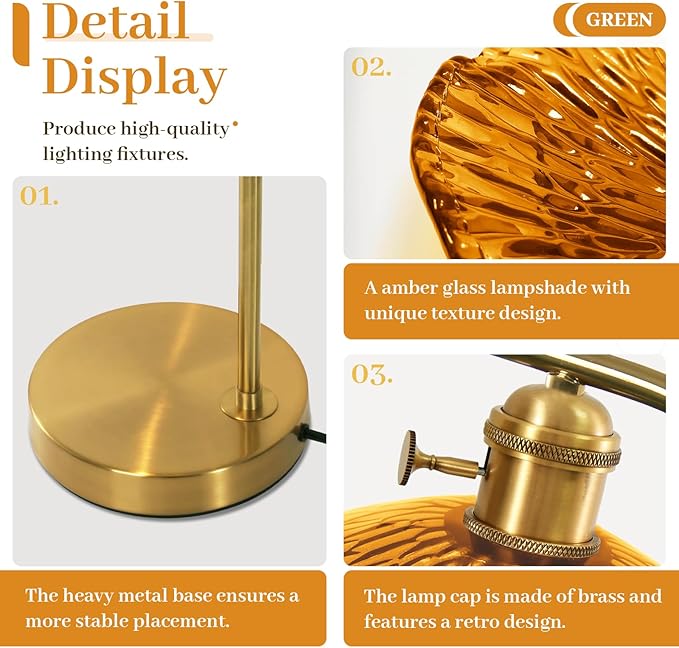 Modern Table Lamp Gold Table Lamp Mid Centry Table Lamps Touch Bedside Lamp Glass Bedside Lamp with Amber Flower Shade Vintage Desk Lamp Small Nightstand Lamps for Bedroom Living Room Office