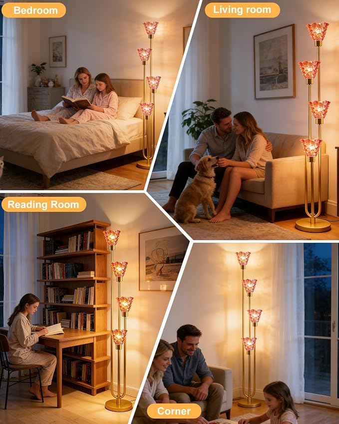 Lightdot Glass Floor Lamp Dimmable 4-Lights Gold with Deep Red Glass Shade 3000K Bulbs Included Mid Century Modern Standing Tall Lamp with 5Lbs Heavy Base for Living Room/Bedroom/Sofa Beside