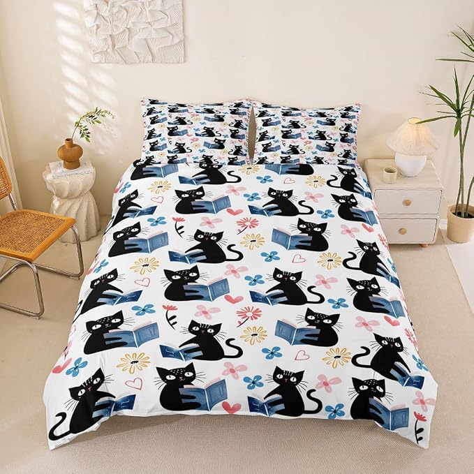 Erosebridal Kawaii Pet Cat Comforter Cover Queen Black Kitten Cat Lovers Bedding Set Trendy Preppy Florals Duvet Cover for Kids Girls Boys Adults Cute Animals Reading Aesthetic Bed Set