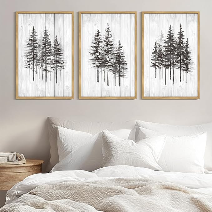 KUVIOKE Woodcut Pine Tree Framed Wall Art Nature Abstract Forest Wall Decor Rustic Minimalist Painting for Bedroom Dining Room 24x36in (Natural Framed)