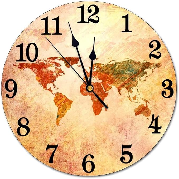 World Map Wall Clock Battery Operated Silent Round Clock Retro Style Wall Decor for Home Office School, 12 Inch
