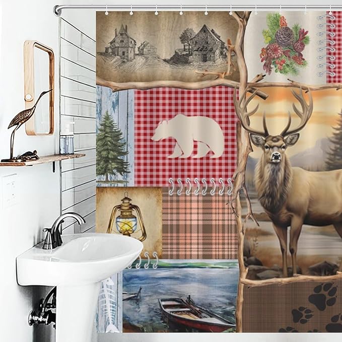 Retro Bear Rustic Shower Curtain, Farmhouse Country Antique Moose Bear Forest Vintage Wood Hunting Camping Waterproof Shower Curtains for Bathroom Decor 12 Pack Hooks 66x72in（168x183cm）