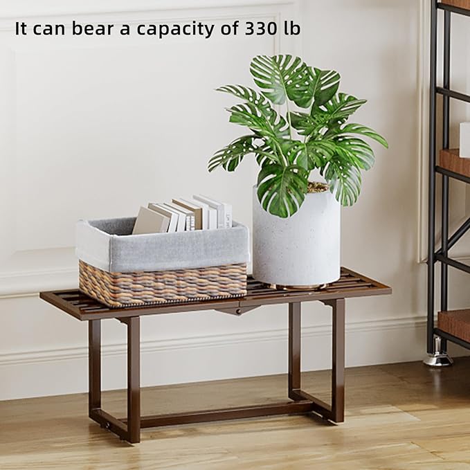 2 Pack Metal Plant Stand, Foldable Heavy Duty Indoor, Window Iron Plant Shelf - Mid Century Modern Slatted Bench for Patio, Garden, Living Room Load Bearing 330 lbs, 26" L x 10.4" H x 8.6" W 1 Tier Coffee