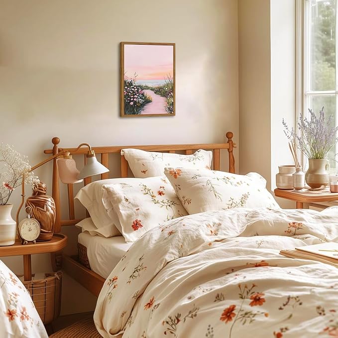Framed Vintage Landscape Wall Art, Pink Floral Coastal Pictures Wall Decor, Rustic Wildflower Nature Paintings Canvas Prints Home Decor Aesthetic for Living Room Bedroom Bathroom 12x16 inch