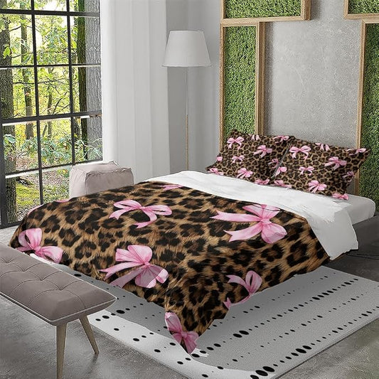 Black Brown Cheetah Pink Bow Pattern Bedding Sets Queen Size for Teen Girl Women Leopard Coquette Bow Bed Set Bedroom Decor Modern Fashion Comforter Set Leopard Print Duvet Covers 88"x88"