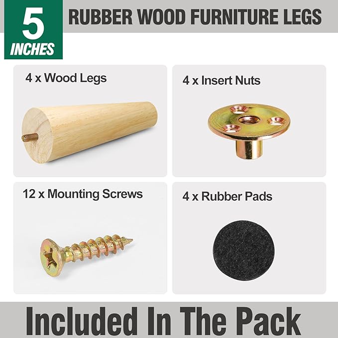 FoDau770 Rubber Wood Furniture Legs 5 Inches, Straight Tapered Wood Feet Mid Century Sofa Legs Set of 4, 5/16" UNC Furniture Feet Replacement Parts for Cabinet Couch Dresser Chair Ottoman Table