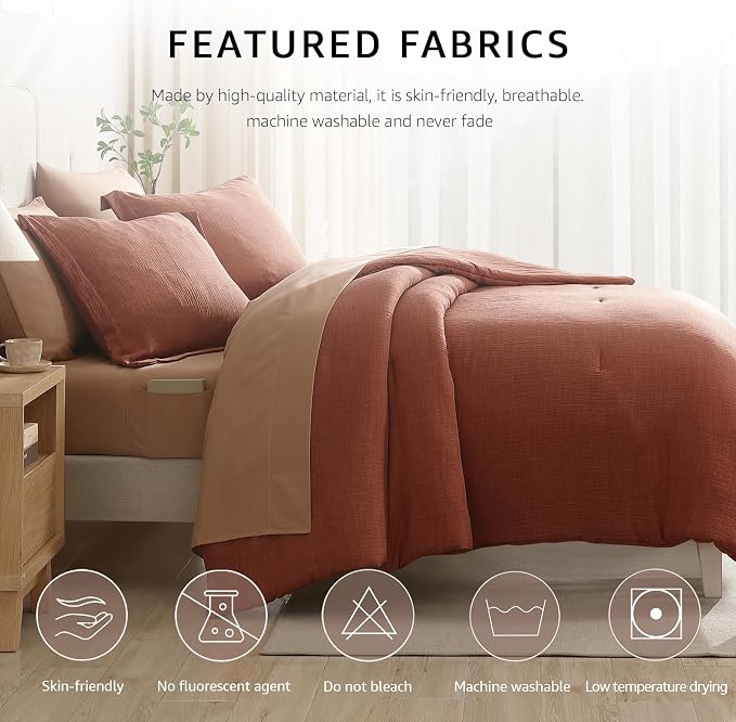Geniospin King Size Comforter Set- 7 Pieces Terracotta Textured King Bedding Set, Soft Solid Bed in a Bag for All Seasons, Fall Comforter Set with Sheets