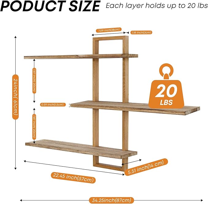 3 Tier Wall Shelves,Decorative Floating Shelf for Wall,Plants Photo Shelf Storage Display Shelving Wood for Living Room Bedroom Kitchen Home Office Decor,Modern,Large,22 Inch(Carbonized Black)