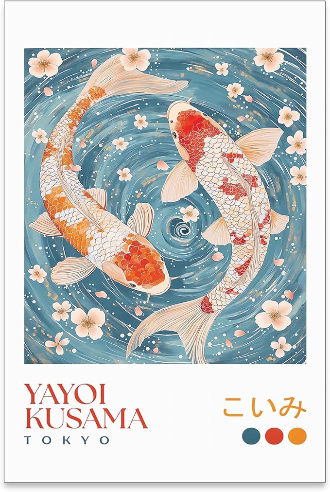 EOLRCIG Light Blue Koi Fish Wall Art Japanese Yayoi Kusama Canvas Poster Modern Vintage Animal Aesthetic Paintings for Living Room Bedroom Dorm Wall Decor 16X24 inch Unframed
