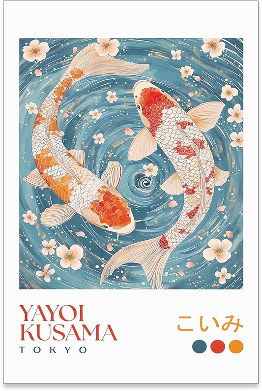 EOLRCIG Light Blue Koi Fish Wall Art Japanese Yayoi Kusama Canvas Poster Modern Vintage Animal Aesthetic Paintings for Living Room Bedroom Dorm Wall Decor 16X24 inch Unframed