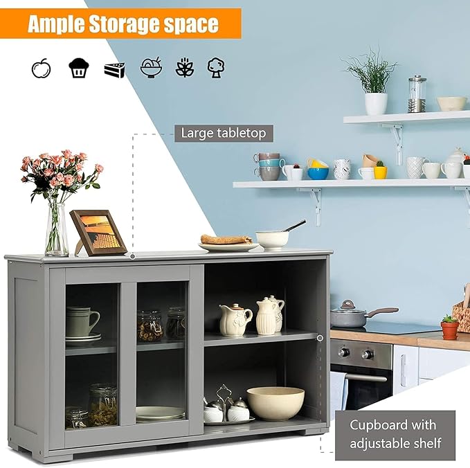 Byroce Sideboard Buffet Cabinet, Stackable Storage Coffee Bar Cabinet with Adjustable Shelf & Glass Sliding Doors, Wood Cupboard Credenza Console Table for Kitchen Dining Living Room (1, Grey)