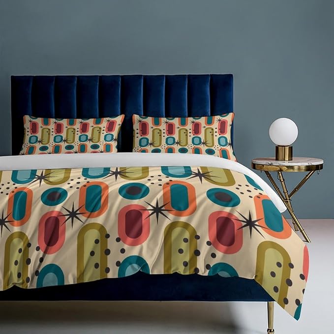 Colorful Aesthetic Comforter Cover Geometry Bed Set, Retro Atomic Duvet Cover，Modern Mid Century Bedding Sets，Aesthetic Abstract Art Bedding 3 Piece (1 Duvet Cover 90"x90" + 2 Pillow Sham 20"x30")
