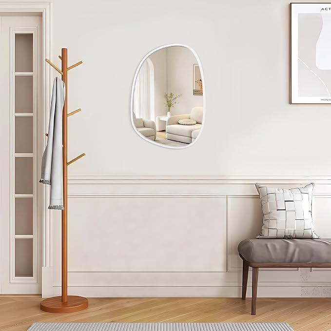 Asymmetrical Wood Frame Bathroom Mirrors for Wall Unique Irregular Oval White Mirror Modern Living Room Bedroom Vanity Entryway Hallway Decorative Artistic Hanging Wall Mirror 16"x12" White