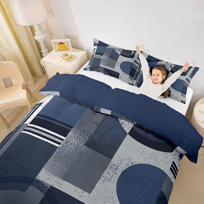 Abstract Striped Circle Duvet Cover Set Toddler Size,Aesthetic Retro Artwork Bedding Set,Boys Girls Room Decor,Geometric Graffiti Squares Comforter Cover,Navy Blue Quilt Cover,1 Pillowcase(No Filler)
