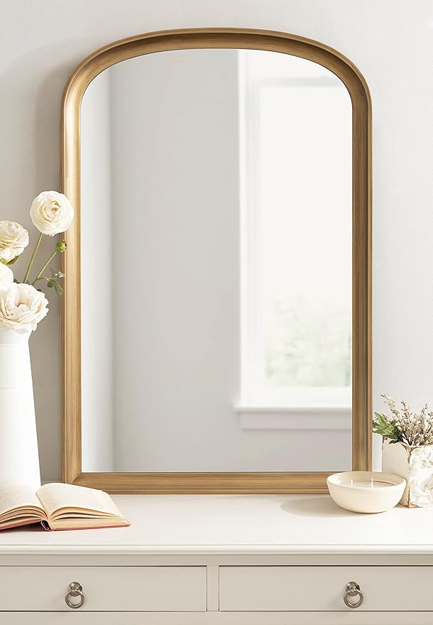 Kate and Laurel Hatherleigh Modern Arched Wooden Wall Mirror, 24 x 36, Gold, Decorative Wood Basket Arch Mirror for Use in Bathroom, Entryway, or Bedroom
