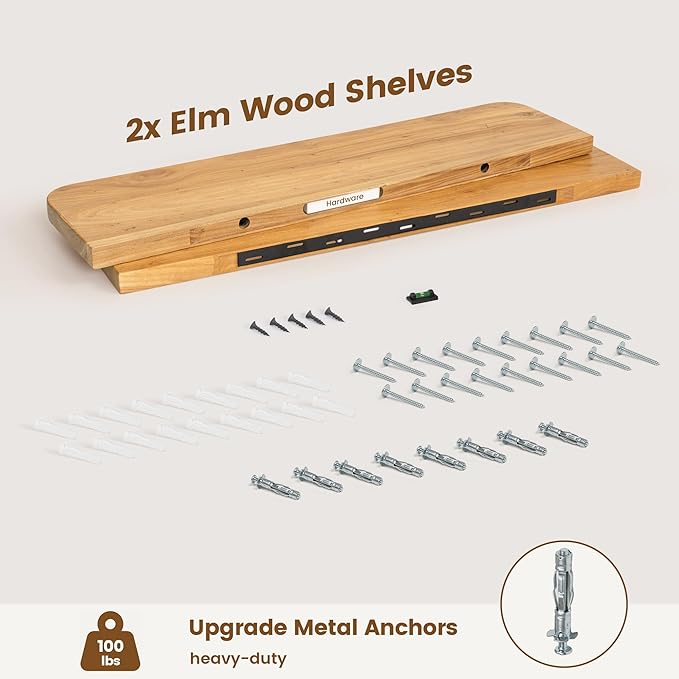 Reclaimed Elm Wood Floating Shelves for Wall Round Edge, 39"W x 9.2"D x 1.37"H, Set of 2 with Invisible Bracket, Wall Mounted Shelves for Living Room Bedroom Kitchen Bathroom Decor, Natural Finish