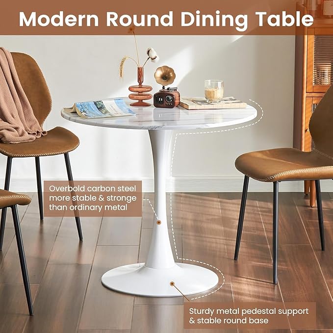 Round Dining Tulip Table for 4, Mid-Century Modern Table with Sturdy Metal Pedestal for Kitchen, Bistro, Cafe, Leisure (Faux Marble White, 31.5 INCH)