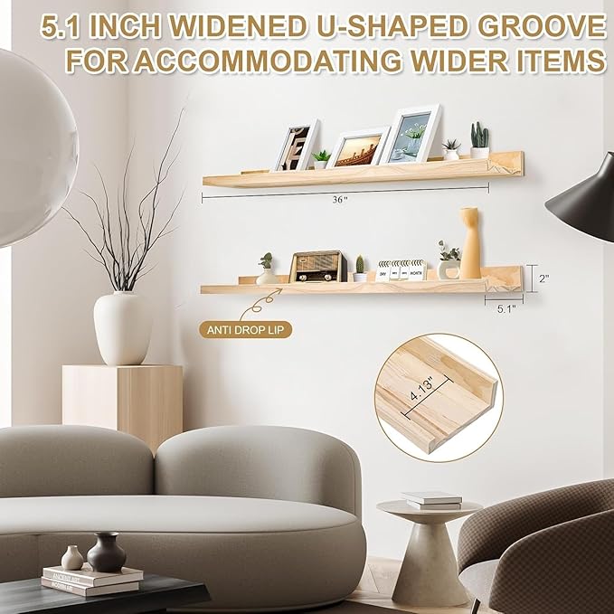 MBYD 36 Inch Natural Pine Wood Floating Shelves for Bedroom, Wide Picture Ledge Set of 2, Wall Mount Unfinished Shelf Can be Stained Nursery Book Shelves for Kids Bedroom Living Room Bathroom Kitchen
