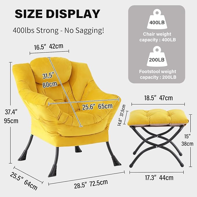 Tiita Lazy Chair with Ottoman, Yellow Modern Large Accent Armchair, Comfy Leisure Sofa Reading Chair with Footrest for Bedroom, Living Room, Dorm Rooms, Garden, Velvet Yellow