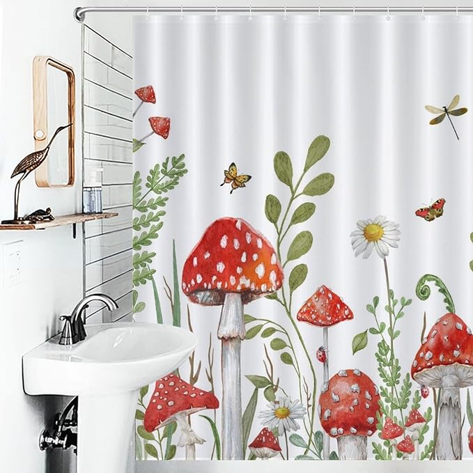 Mushroom Shower Curtain, Rustic Sage Green Botanical Vintage Mushroom Wildflower Forest Plants Herbs Farmhouse Country Waterproof Fabric Bathroom Shower Curtain Set with Hooks, 72"x72" Inch