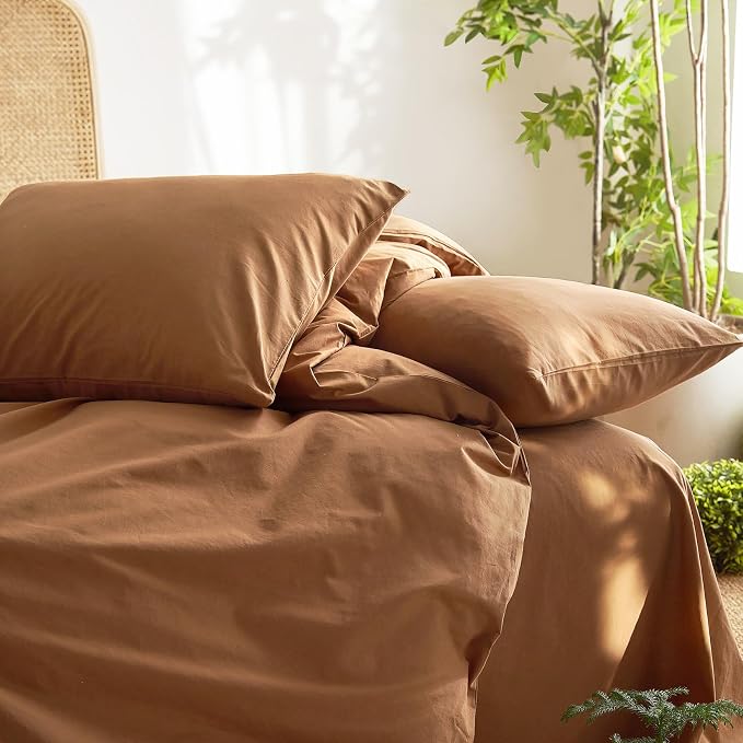 Wake In Cloud - Cotton Duvet Cover Set, 100% Washed Cotton, Linen Like Textured, Breathable Durable Comfy Farmhouse Neutral Bedding Set, 3 Pieces, Terracotta, Queen Size