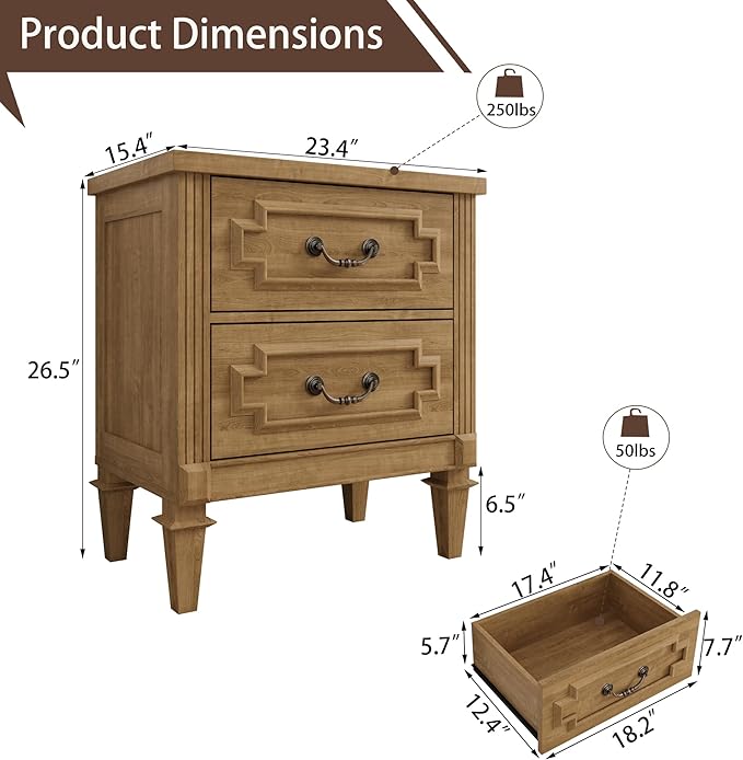 Farmhouse Nightstand wtih Vintage Surface, 30" End Table, Side Table with 2 Drawers Storage Cabinet for Bedroom, Living Room, Natural Oak