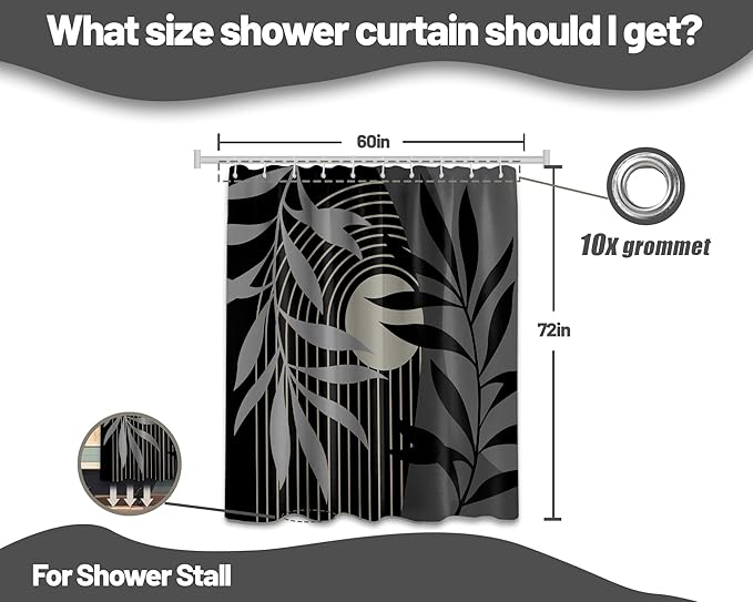 Boho Black and Grey Shower Curtain, Mid Century Modern Black and Gray Shower Curtains for Bathroom, Waterproof Fabric Set with Hooks, 60" W x 72" L (Pack of 1)