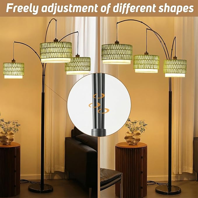 Rattan Floor Lamp for Living Room, 80 Inch Tall Boho Floor Lamp with Rotary Switch, 3 Lights Arc Lamp with Green Wicker Shade for Coastal,Bohemian,Tree Farmhouse Standing Lamp