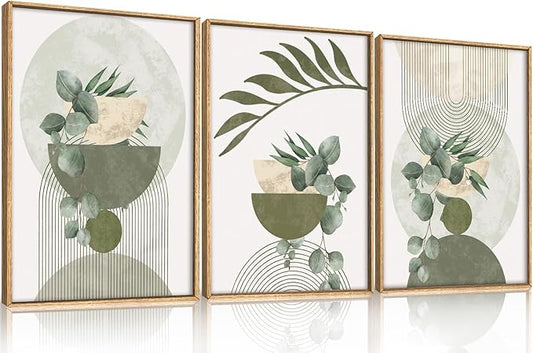 FWIEXA Sage Green Plant Canvas Wall Art Set 3, Abstract Geometric Line Botanical Framed Prints, Beige Minimalist Boho Leaf Paintings,24x36In Mid Century Modern Artwork for Living Room,Bedroom,Office