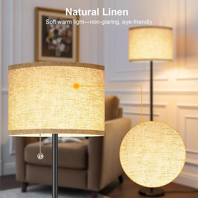 Floor Lamp, Floor Lamps for Living Room 3 Color Temperature Standing Lamp with Pull Chain Switch, Black Floor Lamp with Lampshade, Modern Tall Light for Bedroom Office(9W Bulb Included)