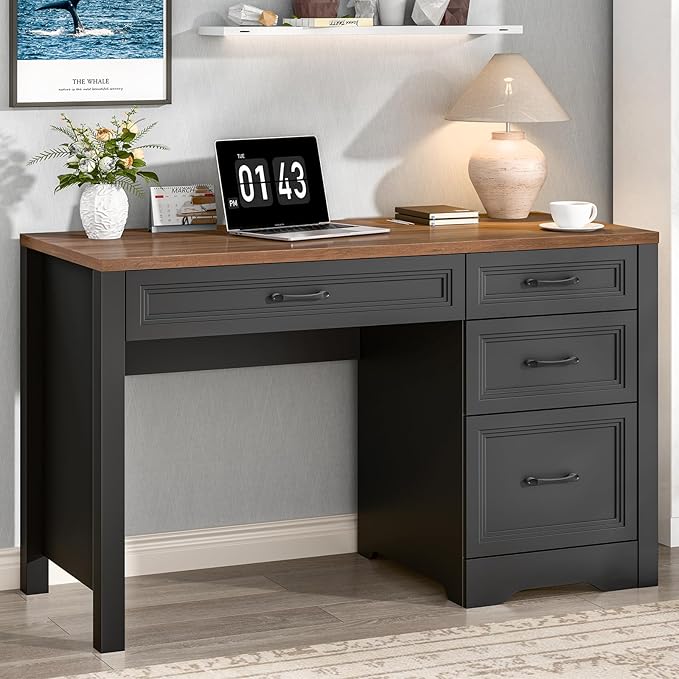 Vabches Farmhouse Executive Desk with Storage and Ample File Drawer, Rustic Large Home Writing Desk for Bedroom, Dark Brown
