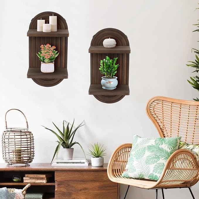 Qivine Boho Wall Shelf 2 Pcs 2 Tier Shelves for Room Wall Wood Floating Shelf with Arched Wood Design Wall Mounted for Living Room, Bedroom, Bathroom Decor (Brown, 2-Tier)