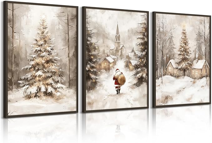 Christmas Wall Art Decor Winter Santa Pictures Vintage Christmas Canvas Poster Snowy Pine Trees Wall Art Xmas Forest Prints Santa Claus Painting Artwork for Bedroom Living Room 12x16x3 Inch Unframed