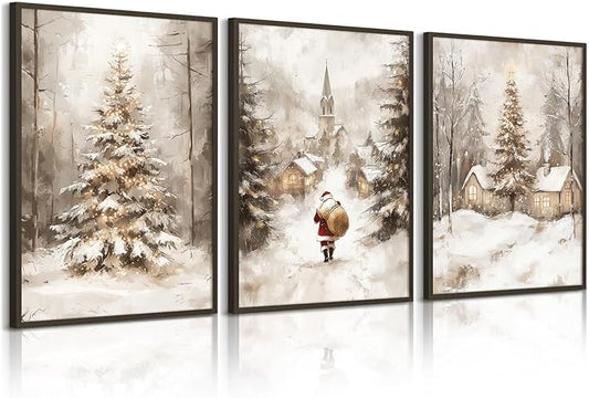 Christmas Wall Art Decor Winter Santa Pictures Vintage Christmas Canvas Poster Snowy Pine Trees Wall Art Xmas Forest Prints Santa Claus Painting Artwork for Bedroom Living Room 16x24x3 Inch Unframed