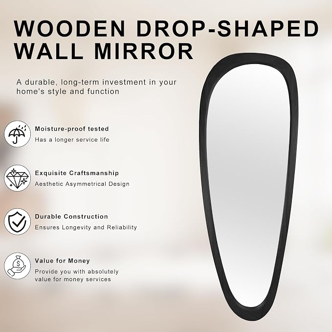 22‘’x60'' Asymmetrical Rustic Wall Mirror for Bathroom Black Wood Frame, Irregular Classic Mirror Farmhouse Vanity Mirror,Mid Century Modern Mirror Decor Living Room, Bedroom, Entryway