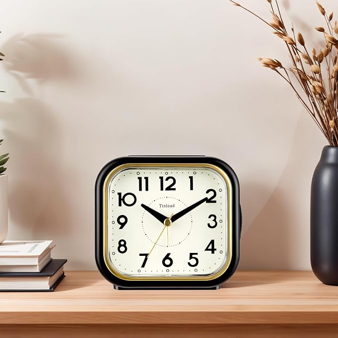 Tinload 4.3" Vintage Retro Analog Alarm Clock, Super Silent Non Ticking Clock with Manual Light, Snooze, Battery Operated, Simply Design, for Living Room, Bedroom, Bedside, Desk(Black-V2)