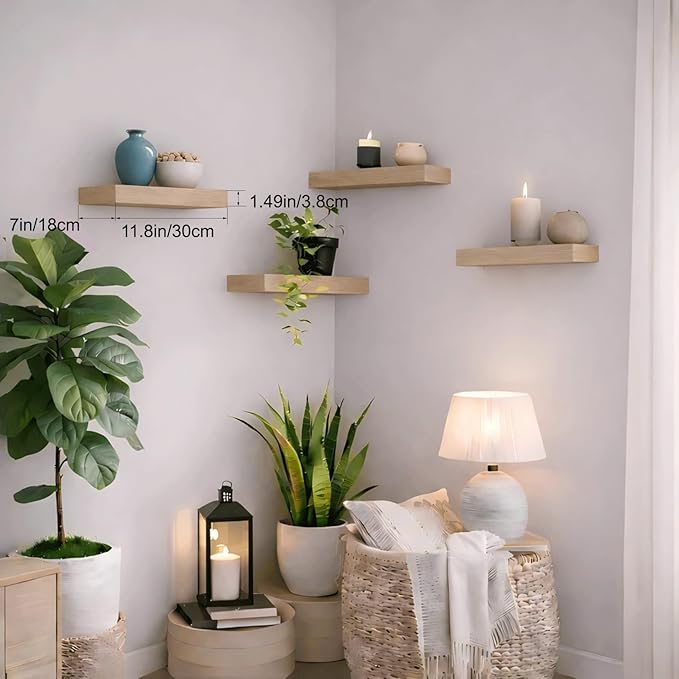 Bathroom Floating Shelves for Wall, Oak Small 11.8" Floating Shelf for Storage, Display and Farmhouse Rustic Home Decor, Perfect Over Toilet for Bedroom, Kitchen or Living Room, 2-Pack
