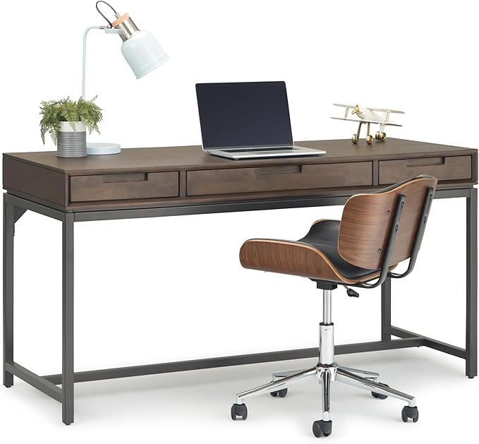SIMPLIHOME Banting Desk - 60 Inch Wide Solid Wood and Metal Writing Desk in Walnut Brown, Modern Industrial Home Office Computer Table for Study with 2 Drawers and Flip-Down Keyboard Tray