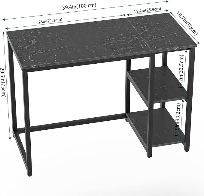 SINPAID Computer Desk 40 inches with 2-Tier Shelves Sturdy Home Office Desks with Large Storage Space Modern Gaming Desk Study Writing Laptop Table, Black Marble