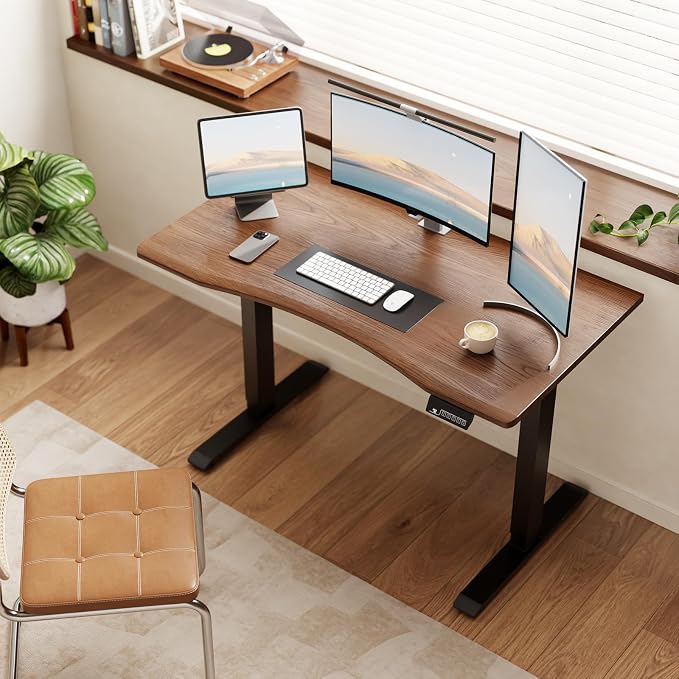 Solid Wood Electric Standing Desk 47.2"x23.6"Home Office Desk,Adjustable Workbench with 3 Stages Single Motor, Computer Workstation with T-Shaped Metal Bracket,Walnut Standing Table for Gaming(1 Box)