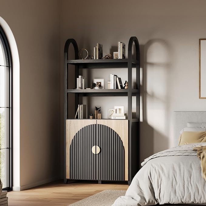 BELLEZE Book Shelf 72" Tall Arched Bookcase with Storage, 5 Tier Mid Century Modern Fluted Bookshelf with Doors, Modular Bookshelves for Living Room Office Library (Camel)