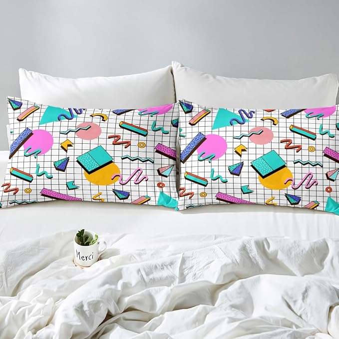Memphis Duvet Cover Set Twin Size, Retro 80s or 90s Geometric Fashion Style Comforter Cover with 1 Pillowcase, Vintage Hip Hop Bedding Set for Kids Boy Girls Lightweight Bedspread Cover,No Comforter